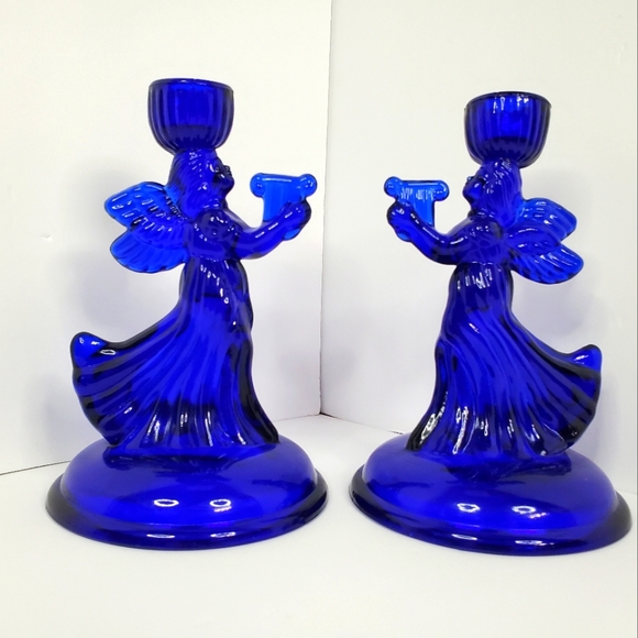 Pair of Cobalt Blue Glass Angel Candleholders